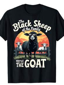[Cotton Graphic Tee] 100% Cotton Black Sheep Family Goat Graphic Tee | Casual Crew Neck T-Shirt For Men, Machine Washable - 黑色 - 查看 2
