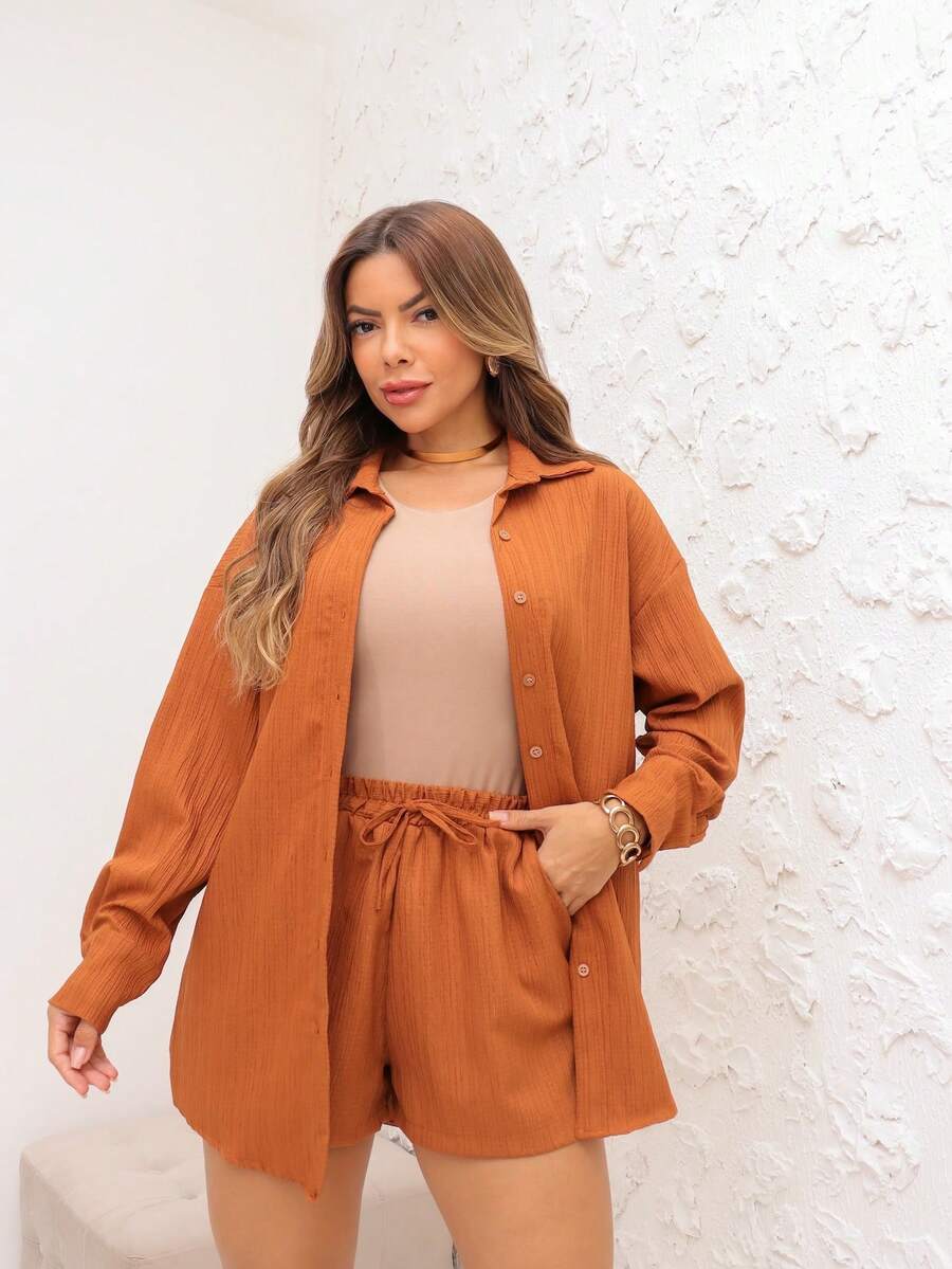 Conjunto de Camisa Manga Longa/ Short Com Elástico Na Cintura 205  Simples  Casual  elegante    Botão  Bolso