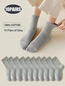 5 双女士中性中长款棉质中筒袜，高弹力，抗菌除臭，多色简约素色版型，适合休闲日常商务穿着，秋季 - 彩色 - 查看 17