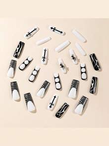 24Pcs Black Coffin Nails With Leopard Print, Asymmetrical Lines, Rhinestones And Starry Design, Full Coverage Removable False Nails, Suitable For Women Daily And Party Wear Press On Nails Nail Supplies Nails - Multicolor - View 2