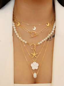 4pcs/Set Bohemian Starfish, Flower, Moon Pendant Imitated Pearl Multi-Layer Necklace Suit, Suitable For Ladies Summer Beach Party Holiday, Festival Gift - Multicolor - View 1