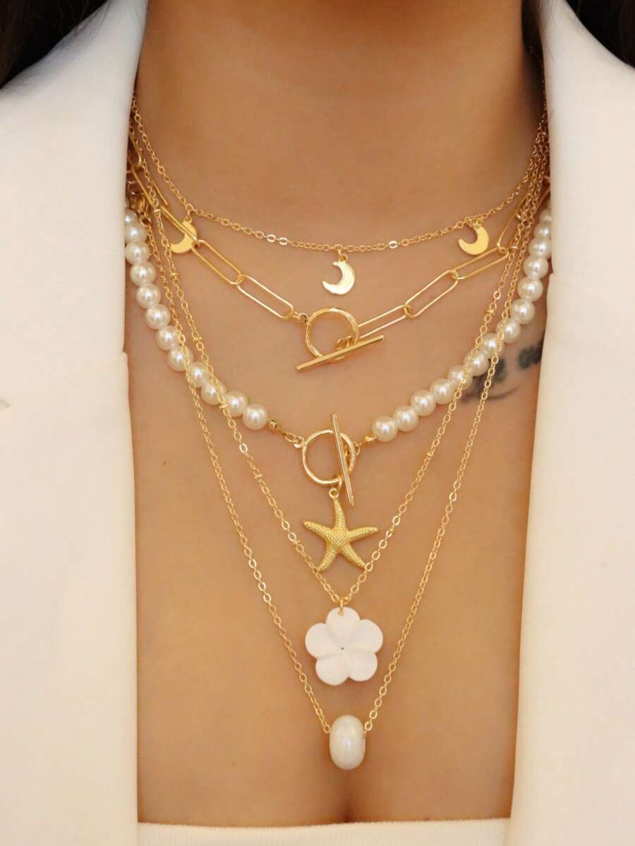 4pcs/Set Bohemian Starfish, Flower, Moon Pendant Imitated Pearl Multi-Layer Necklace Suit, Suitable For Ladies Summer Beach Party Holiday, Festival Gift - Multicolor - View 1