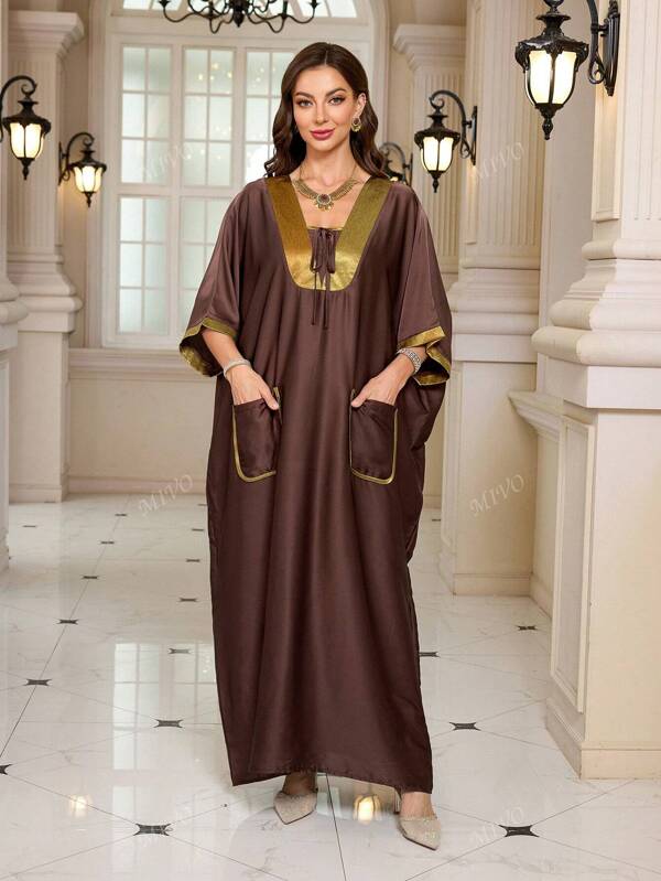 Women's Elegant Brown Satin Print Kaftan Dress Plus Size Bohemian Batwing Sleeves Pockets House Holiday Dresses Outfits Outfits