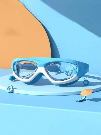 兒童專用防水防霧游泳護目鏡，搭配耳塞，清晰視野，舒適可調式矽膠鏈帶，適用於游泳池、海灘、夏季潛水和護目鏡