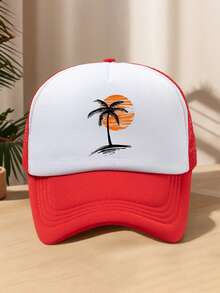 1pc Men's Black Coconut Tree, Sunrise, Sunset Line Cartoon Patchwork Contrast Color Adjustable Outdoor Casual Sports Beach Printed Polyester (Polyester) Mesh Foam Net Truck Driver Cap Baseball Cap, Suitable For Daily Decor, Spring/Summer/Autumn - A - View 5