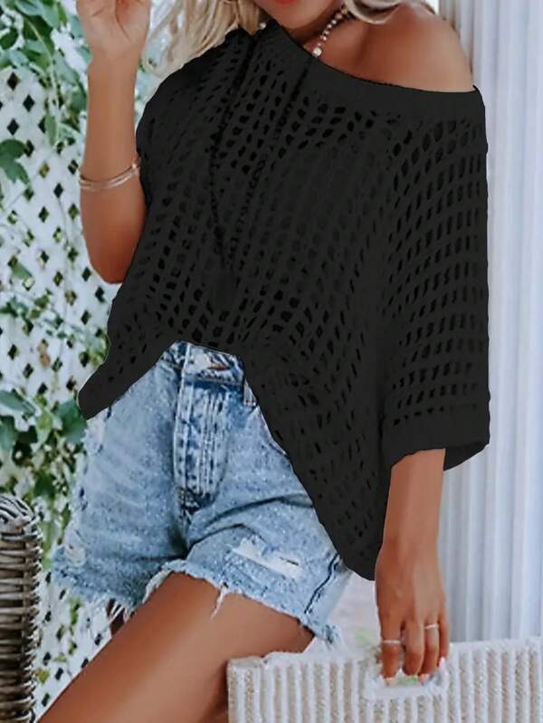 Summer 3/4 Sleeve Elegant Hollow Out Pullover Knit Top, Beach Coverup Sweater For Women
