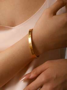 TONSI 1pc Stainless Steel 18K Gold Plated Snap Cuff Bracelet, Clover Element Cubic Zirconia Inlaid, Women Jewelry Gift Box, Birthday/Holiday Gift - Bracelet Gift Box - View 2