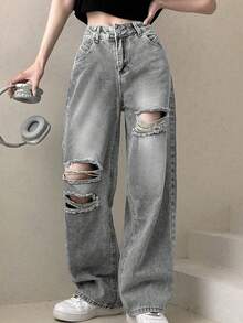Jeans casuales y versátiles de talle alto con efecto desgastado y asimétrico, para primavera - Gris - Ver 2