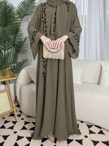 Set de vestido elegante de Eid con bordado de plantas y bufanda, conjunto de vestido y bata modesto encantador y de alta gama para ceremonias festivas