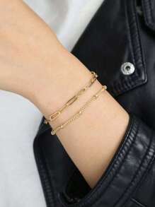 Pulseira de corrente dupla de aço inoxidável banhada a ouro 18K, 2 peças, conjunto de pulseiras minimalistas com contas vazadas, acessório versátil adequado para meninas e mulheres (quantidade de contas aleatória)