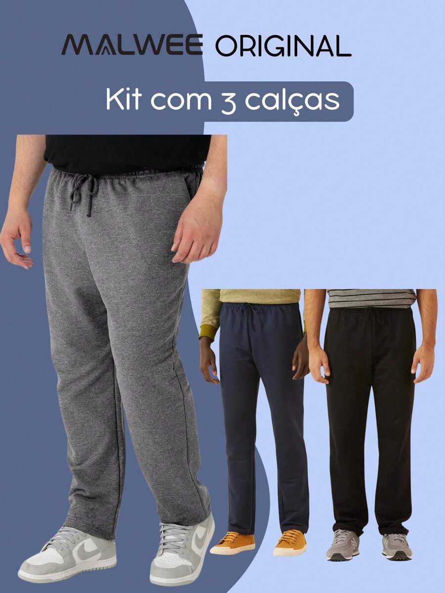 Kit 3 Unisex Flannel Sweatpants In Cotton Winter Casual Malwee - 彩色 - 查看 1