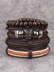 1 Set Of 4pcs Red Fashion Leather Bracelets, Unisex Adjustable Braided Leather Multi-Layers Bracelet, Retro Cuff Suitable For Daily Wear - Bracelet - View 3