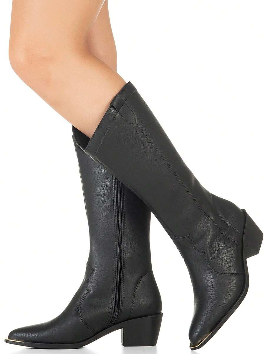 GiGiL Women's Western Texan Boot Metal Detail High Shaft Pointed Toe Comfortable Elegant Country - màu đen - Xem 1