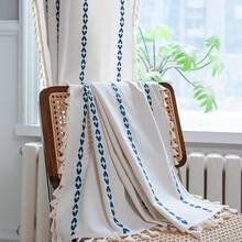 Boho Curtains 84 Inches Long Bedroom, Taupe Cotton Linen White Stripes Embroidery, Chic Hollow Geometric, Semi Blackout Window Vintage Drape With Tassels, 1 Panel W52 X L84, Fashionable Home Decor - 海軍藍條紋 - 查看 1