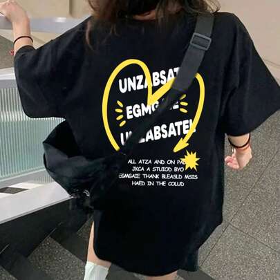 여성용 코튼 라운드 넥 루즈핏 캐주얼 멀티 레터프린트 반팔 티셔츠, 봄/여름