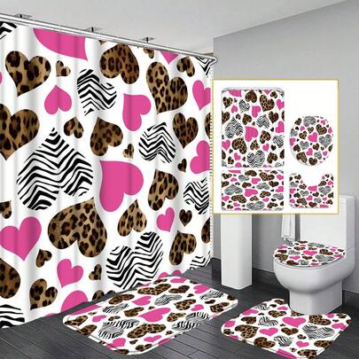 1 件/4 件粉色豹纹心形图案浴室装饰套装、带 12 个挂钩的布艺浴帘套装、防滑浴垫、U 型马桶盖套、马桶座套