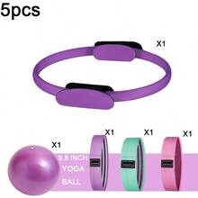 5pc Pilates Ring Set Includes Yoga Ball & Resistance Bands, Booty Lifting Home Workout Equipment - Multicolor - View 3