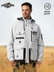 LEDUNTINO Men's Fashion Zip-Up Casual Outdoor Jacket, Sports, Solid Gray, Slogan, Boyfriend Gift, Men's Spring Autumn Thin Windbreaker Jacket Coat With Detachable Hood, Splice, Letter Print, Winter/Fall Tops - White - View 2