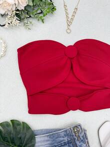 ELLIE Women's Strapless Crop Top With Button Details - 紅色 - 查看 4