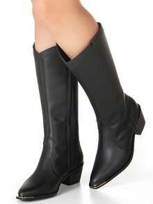 GiGiL Women's Western Texan Boot Metal Detail High Shaft Pointed Toe Comfortable Elegant Country - màu đen - Xem 4