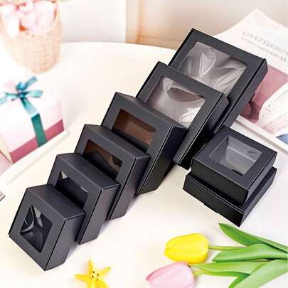 5/10/30/50个装黑色小礼盒，带透明窗口，适用于珠宝、香皂、糖果等，手工制品纸板包装，装饰性扁平散装盒，适合礼品、工艺品、婚礼、新娘送礼会、单身派对、毕业典礼、生日、母亲节、情人节等场合，多种尺寸可选