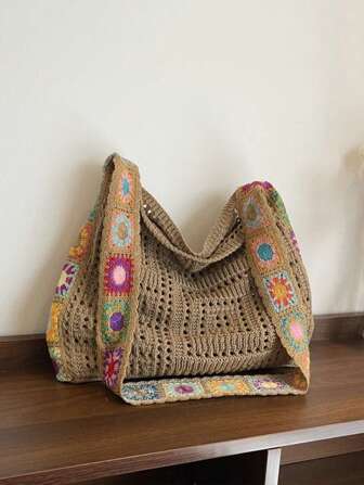 Yogodlns Minimalist Knit Shoulder Bag Boho Crochet Handbag Vintage Lace Hollow-Out Purse For Women Casual Crossbody Underarm Bag Fashion Mesh Crochet Shoulder Bags Casual Shopper Tote Bag Large Capacity Knitted Travel Purse And Handbag For Women