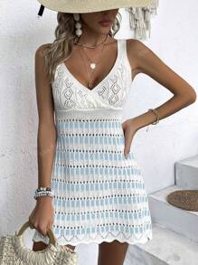 Knit Mix Abito a maglia a costine senza maniche con scollo a V e stampa a righe, spalline larghe, stile elegante vacanziero per donne, tessuto morbido e confortevole, abbigliamento autunnale per il ritorno a scuola