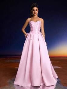 Anymoon Women's Formal Evening Dress, 3D Handmade Floral Decor, Suitable For Graduation Ceremony, Homecoming, And Wedding Occasions - Pink - View 6