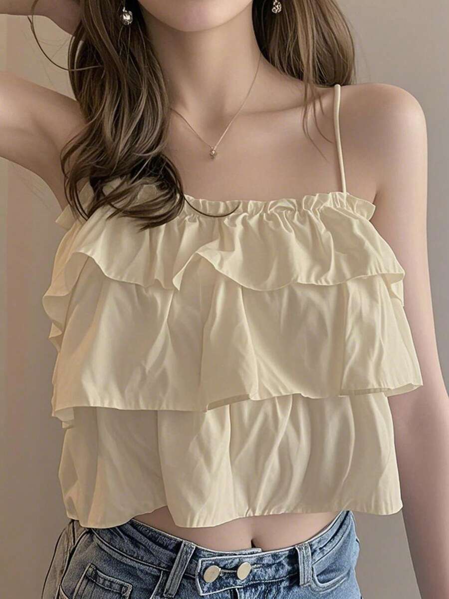 Summer Casual Solid Color Ruffle Hem Slip Camisole - Apricot - View 1