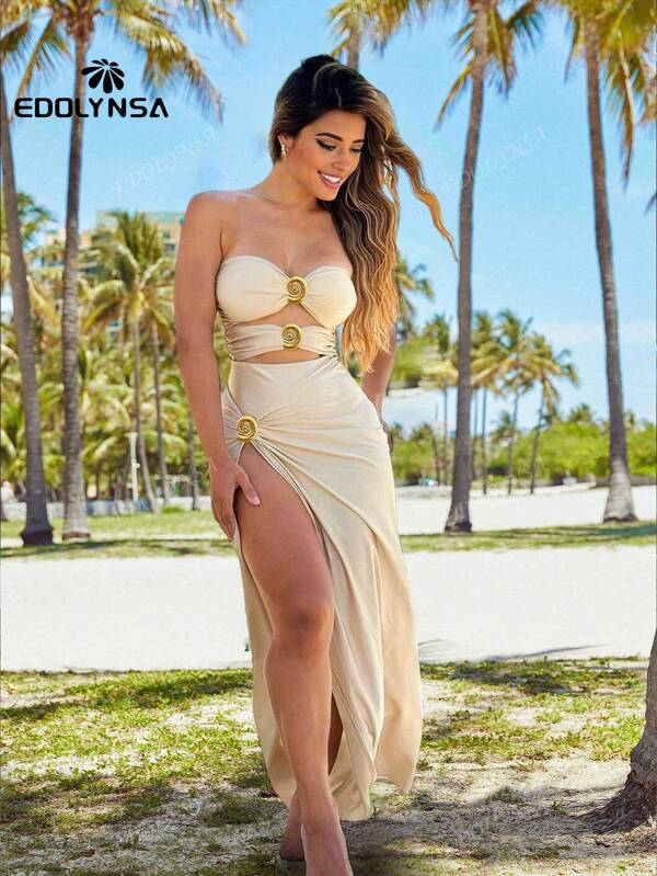 Maillot de bain une pièce sexy pour femme, couleur unie, décolleté plongeant, ensemble bikini deux pièces avec une haute fente et une jupe de plage, tenue de resort