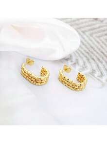 1pair Stainless Steel 18k Gold Plated Simple & Stylish Hollow Out Hoop Earrings Suitable For Office, Party And Date - Yellow Gold - View 9