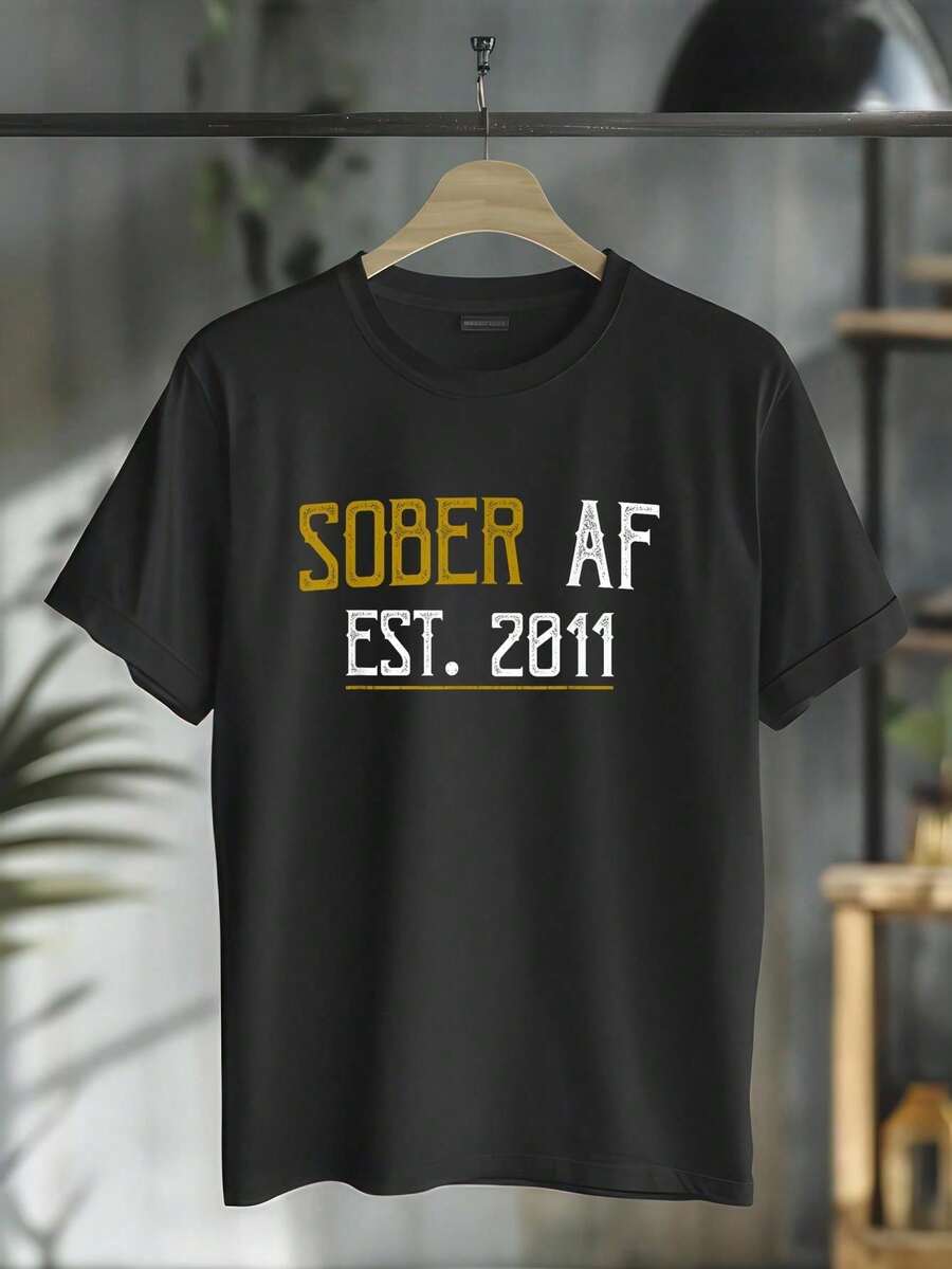 Sober AF Since 2011 - 13 Year Sobriety Anniversary Quote T-Shirt Casual Short Sleeve Shirtsummer T-Shirt For Women - Black - View 1