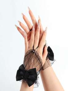 1pc Short Lolita Mesh Bridal Fingerless Gloves, Black Lace Ruffle Bow Design - Multicolor - View 13