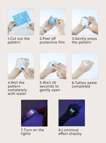 4 Hojas de pegatinas de tatuajes luminosos de plumas azules y serpientes para mujeres y niñas, diseño blanco de pulsera y collar falso tatuajes para la cara, el pecho, el brazo y los dedos, que brillan en la oscuridad, suministros de decoración y favores para bodas, discotecas y festivales musicales