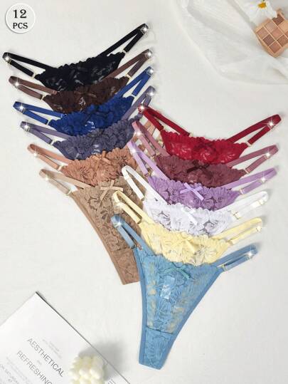 12pcs Cute-Innocent Cute-Sweet Romantic-Mature Charm Elegant Romantic-Retro Palace Y2K Mature Charm, Exquisite Knit Fabric Bow Low-Waist Romantic Comfortable Sexy Thong
