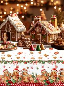 1pc, Gingerbread Man Christmas Plastic Tablecloth Table Cover, 130*220cm Disposable Watercolor Christmas Tablecloth For Christmas Party Kitchen Dining Table Decor, Christmas Decorations For Home 2024 Happy New Year 2025 Table Cloth,Christmas