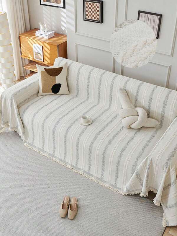 1pc Chenille Sofa Cover, Striped Woven Pattern, Ins Style, Anti-Slip & Anti-Dust, Suitable For All Seasons, Soft & Comfortable, Multi-Size Options, Versatile For Living Room & Bedroom Decor Home Decor Living Room Decor Couch Cover Blanket
