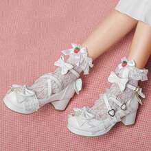 Women's Kawaii Shoes Cross Strap Pumps Cute Sweet Ankle Strap Mary Janes For Wedding Party Cospaly Lolita Style Lace Chunky Heel Pumps With Bow Pearl - 白色 - 查看 3