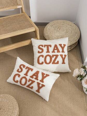 1pc/2pcs STAYCOZY Slogan Throw Pillow Cover, Chenille Fabric Nordic Style Embroidered Plush Cushion Cover, Suitable For Beach Chair, Living Room, Garden Sofa, Holiday Room Decor, All Season, 30*50cm, 45*45cm (Without Insert)