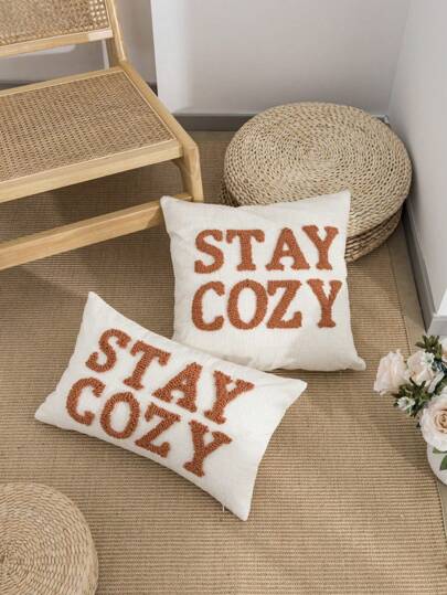 1pc/2pcs STAYCOZY Slogan Sherpa Pillow Cover, Chenille Fabric North American Style Embroidered Cushion Cover For Beach Chair,Living Room, Garden Sofa, Wedding Room Decor, 30*50cm 45*45cm (No Pillow Insert)
