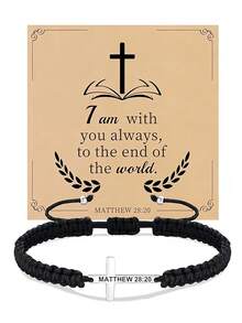 Goodwaro 1 件 18K 镀金不锈钢基督教礼物十字架手链，男/女手工编织信仰励志祈祷珠宝礼物 - 黑色 - 查看 10