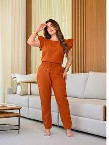Women's Scrub Set Hospital Lab Coat 2 Pieces Casual Elegant Pleated Blouse Linen Pants With Delicate Detail On The Sleeve Colors Fashion Spring Summer 2025 Women's Clothing - 赤陶/絨毛 - 查看 2