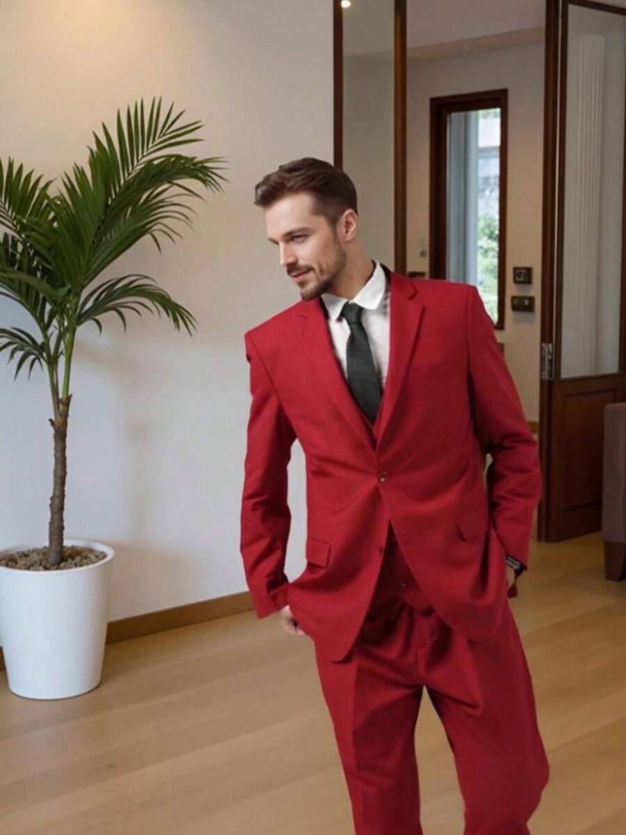Men's 3 Piece Suit Set Slim Fit Single Breasted Blazer Vest Pants Wedding Groom's Suit Light Wine Red/Denim Blue/Pink - XS To XXXL  Business - Business Commuting  Business - Formal Business  Business - Evening Attire    All  Spring/Fall  Slim Fit  Button  Pocket  Formal & Evening  Christmas  Halloween  Thanksgiving Day  Easter  Independence Day  International Workers' Day - Burgundy - View 1