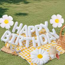 kumozawa 白色生日快乐字母气球横幅，雏菊主题生日派对装饰，可重复使用的雏菊铝箔气球 - 白色 - 查看 1
