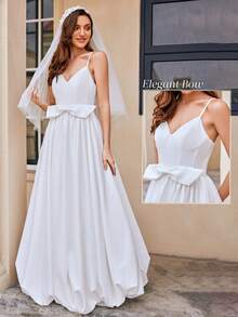 Elasola 优雅浪漫细肩带泡泡下摆舞会礼服婚纱带蝴蝶结适合新娘户外海滩婚礼派对，新娘 - 白色 - 查看 4