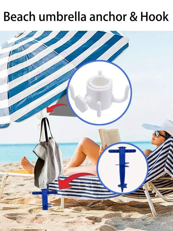 Âncora de plástico durável para guarda-sol e gancho versátil para guarda-sol, Âncora de plástico durável para guarda-sol - Estaca de solo segura para acampamento, pesca e aventuras ao ar livre; Gancho versátil para guarda-sol - Design durável de 4 pontas para toalhas, câmeras e bolsas, perfeito para lazer ao ar livre, acessórios de praia