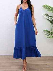V-Neck Strap Ruffle Hem Long Dress With Pockets Party Summer - Blue - View 6