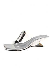 European And American Style Square-Buckle High Heels, Platform Sandals, Open-Toe Slides, Asymmetric Heels, Fashion Summer Outdoor Versatile High Heel Slippers - Silver - View 8