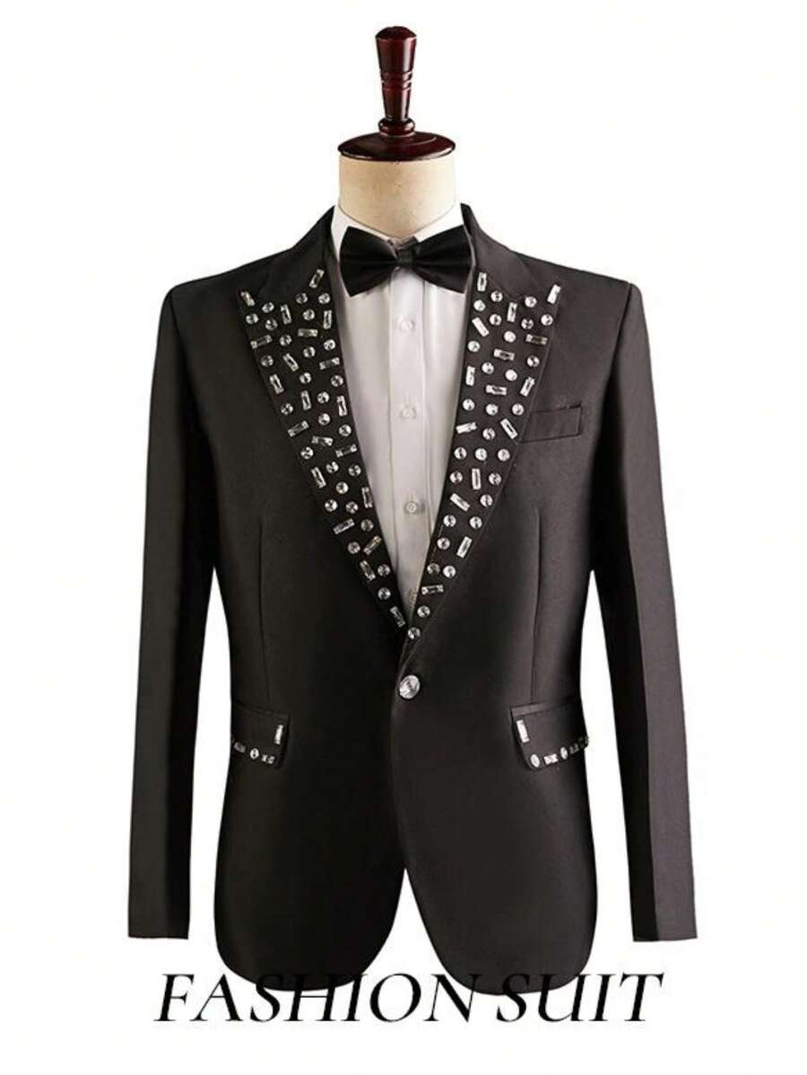 Hot Diamond Suit Suit 2-Piece Set Jacket + Pants + Bow Tie Men's Slim Best Man Blazer Groom Wedding Formal Suit Performance Clothing Men's Singers - Black - View 1