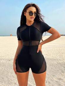 Swmmer Liket Solid Color Stitched Mesh Splice Short Sleeve Swimsuit - Black - View 4